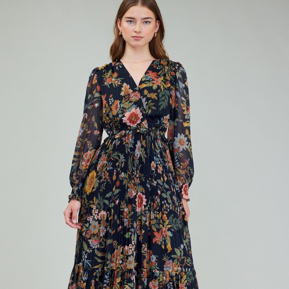 Floral Printed Chiffon Pleated Long Dress